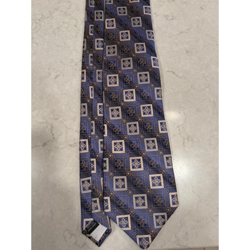 Emilio Ponti Euro Wide Knot Mens Silk Tie Blue Gold Geometric Square Hand Made
